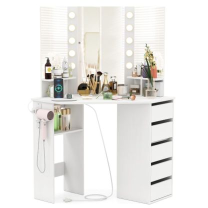 Corner Makeup Vanity Desk with Lighted Mirror and Power Outlets 