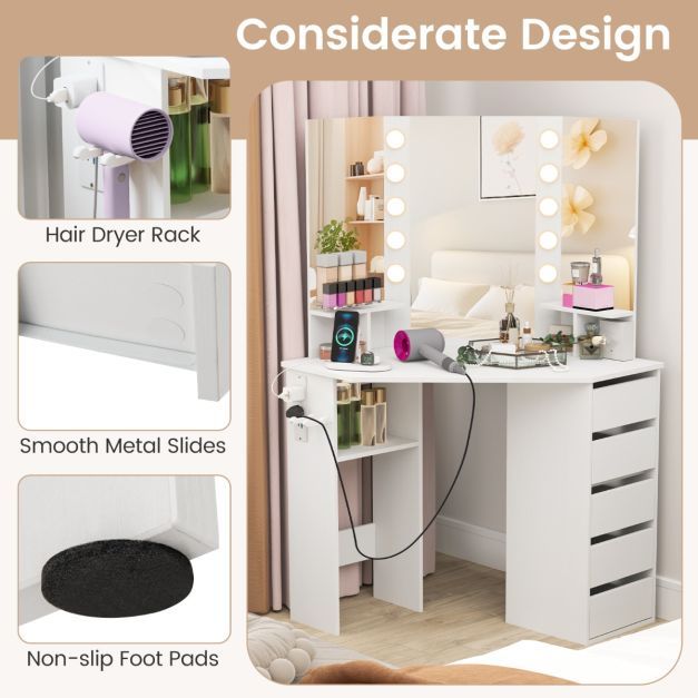 Corner Makeup Vanity Desk with Lighted Mirror and Power Outlets 