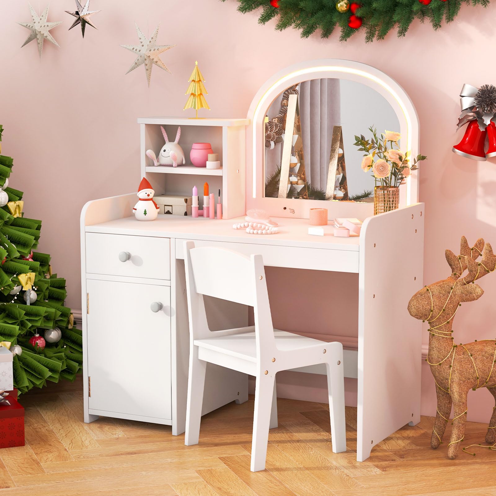Kids Vanity, Princess Makeup Desk and Chair Set with Lights Mirror Drawer Storage Shelves
