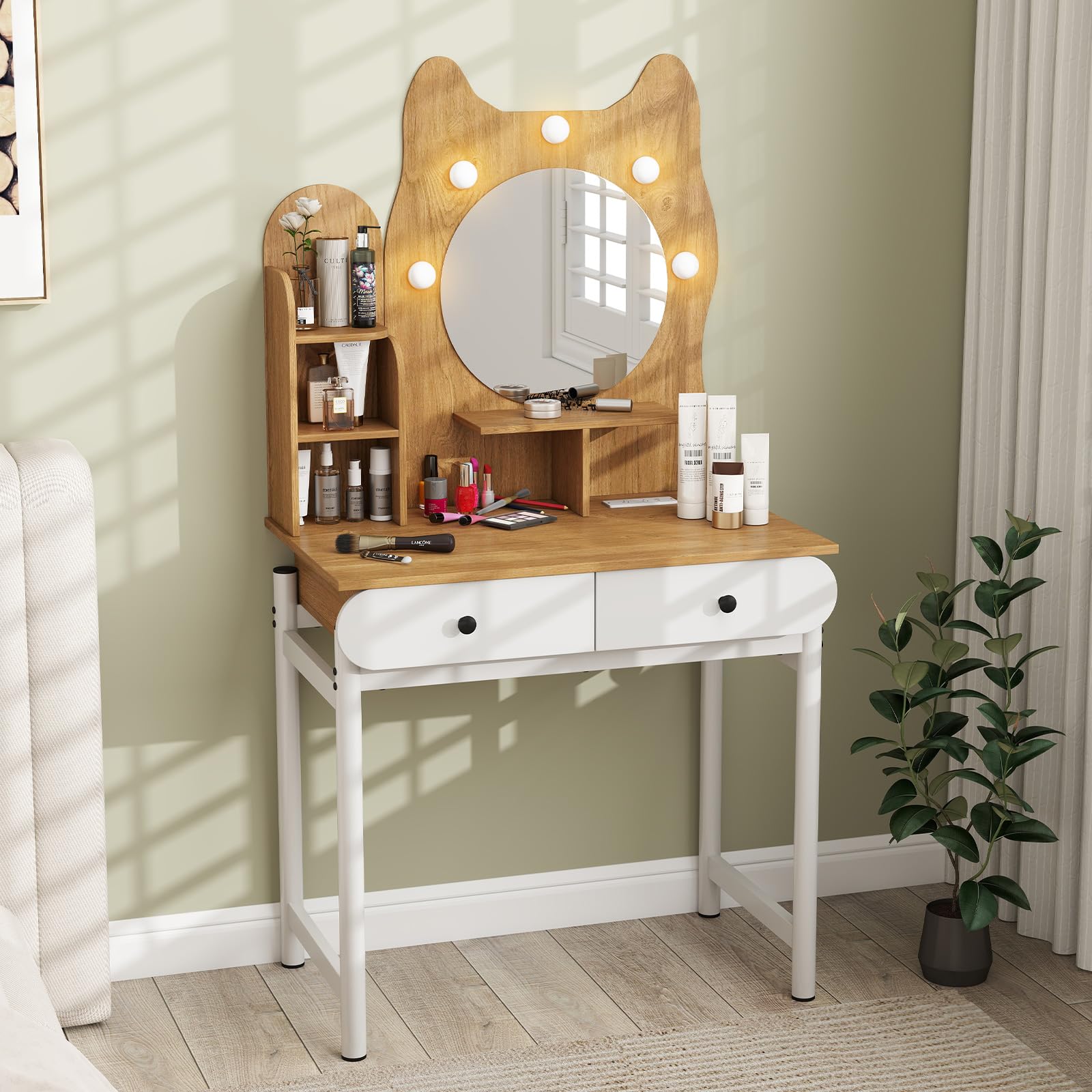 Kitty-Shaped Vanity Desk with Mirror and Lights