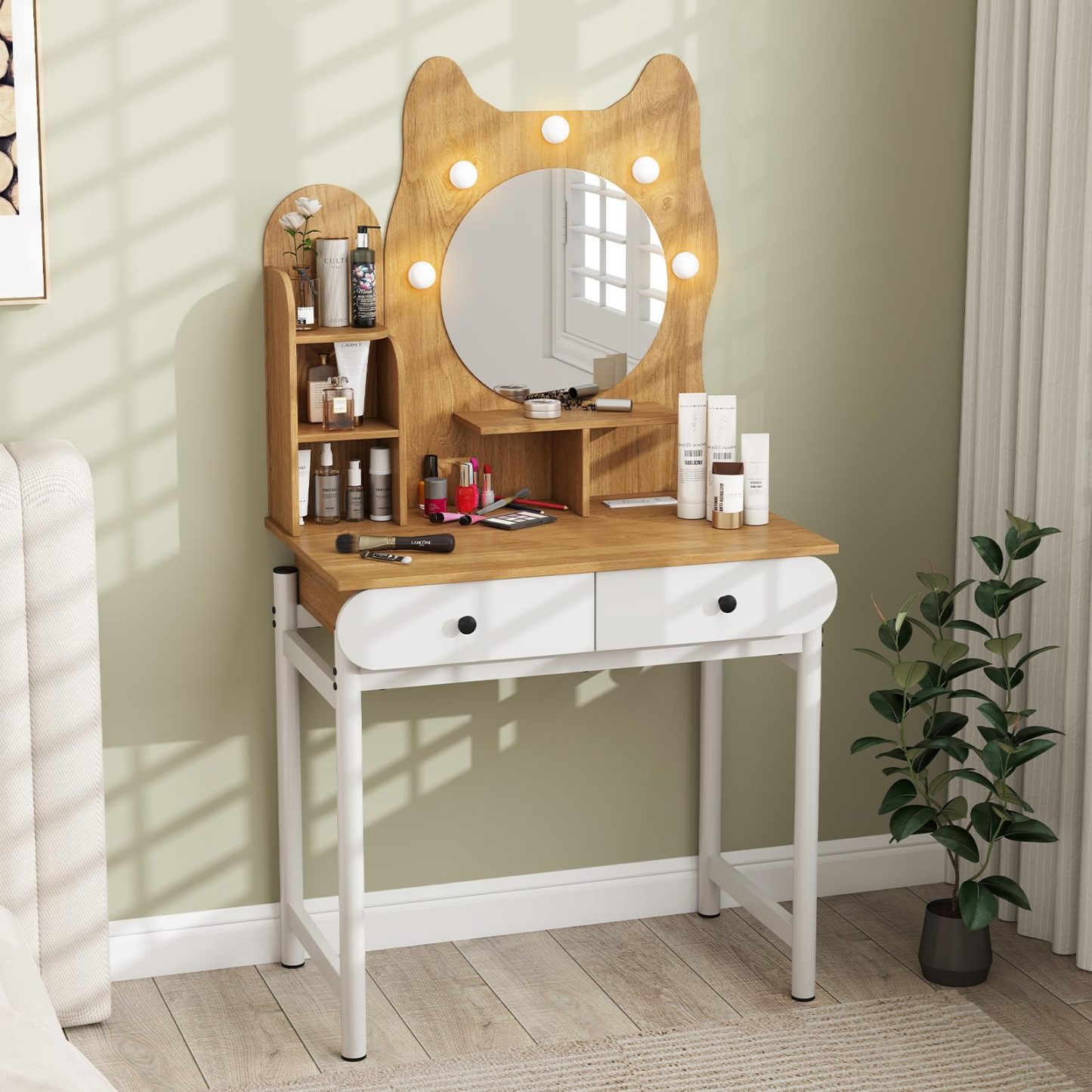 Kitty-Shaped Vanity Desk with Mirror and Lights