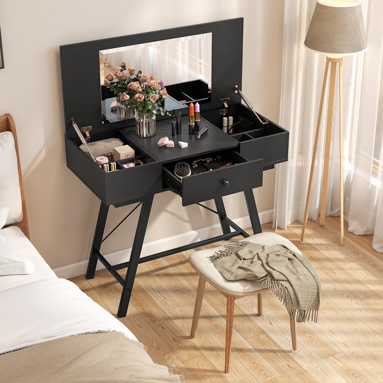 2-in-1 Vanity Desk, Flip Top Vanity Table with Mirror, Charging Station, Large/Small Tabletop