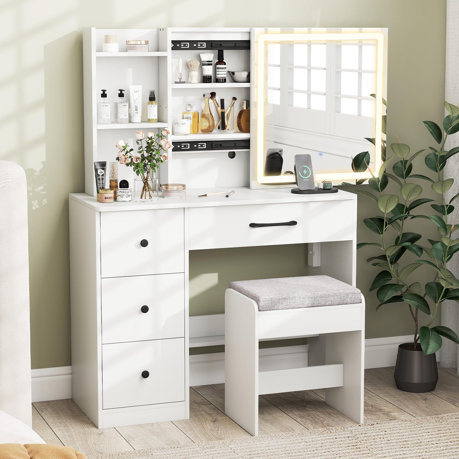 Vanity Desk with Sliding Mirror and Lights, Makeup Table and Chair Set