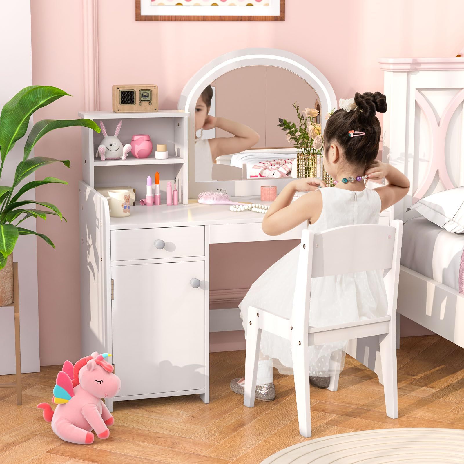 Kids Vanity, Princess Makeup Desk and Chair Set with Lights Mirror Drawer Storage Shelves