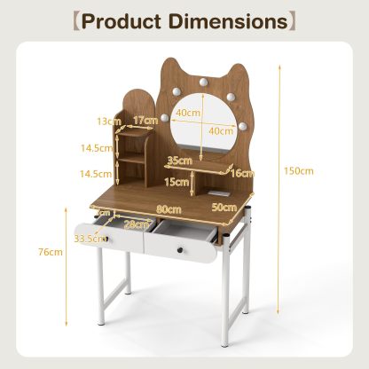 Kitty-Shaped Vanity Desk with Mirror and Lights
