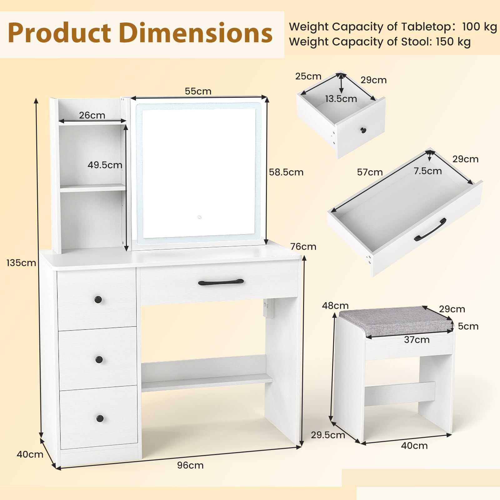 Vanity Desk with Sliding Mirror and Lights, Makeup Table and Chair Set
