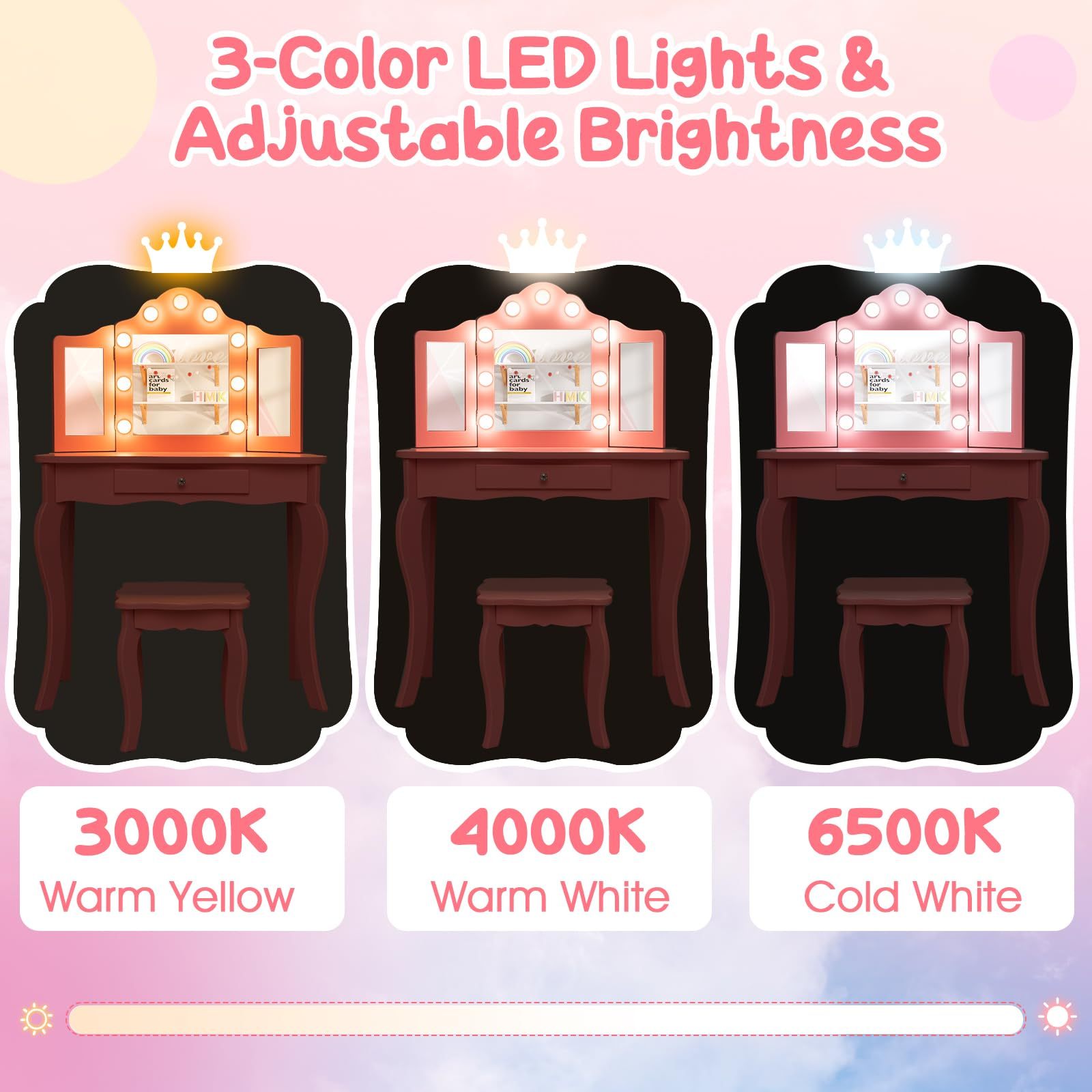 Kids 2-in-1 Vanity Table and Stool Set,Princess Makeup Vanity Set w/3-color LED Lights