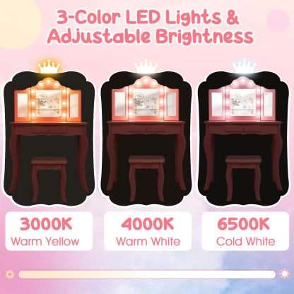 Kids 2-in-1 Vanity Table and Stool Set,Princess Makeup Vanity Set w/3-color LED Lights