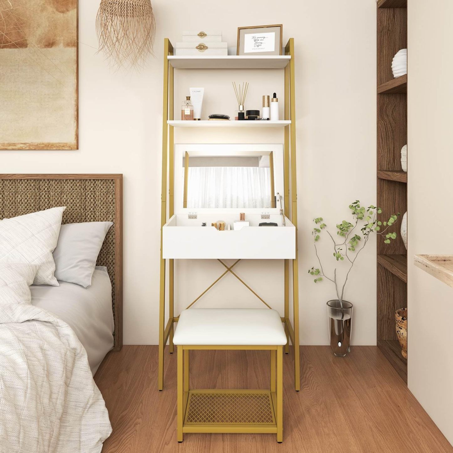 Vanity Table Set with Flip Top Mirror and Cushioned Stool