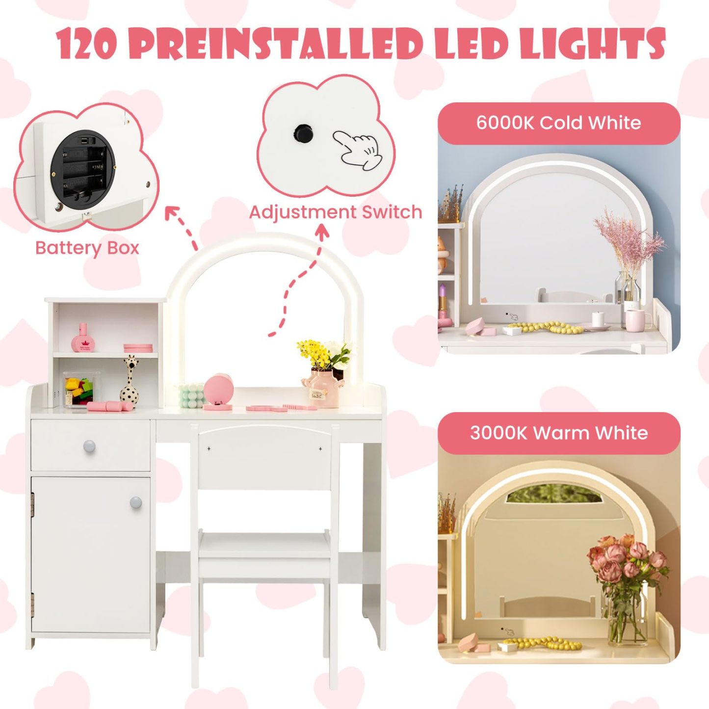 Kids Vanity, Princess Makeup Desk and Chair Set with Lights Mirror Drawer Storage Shelves