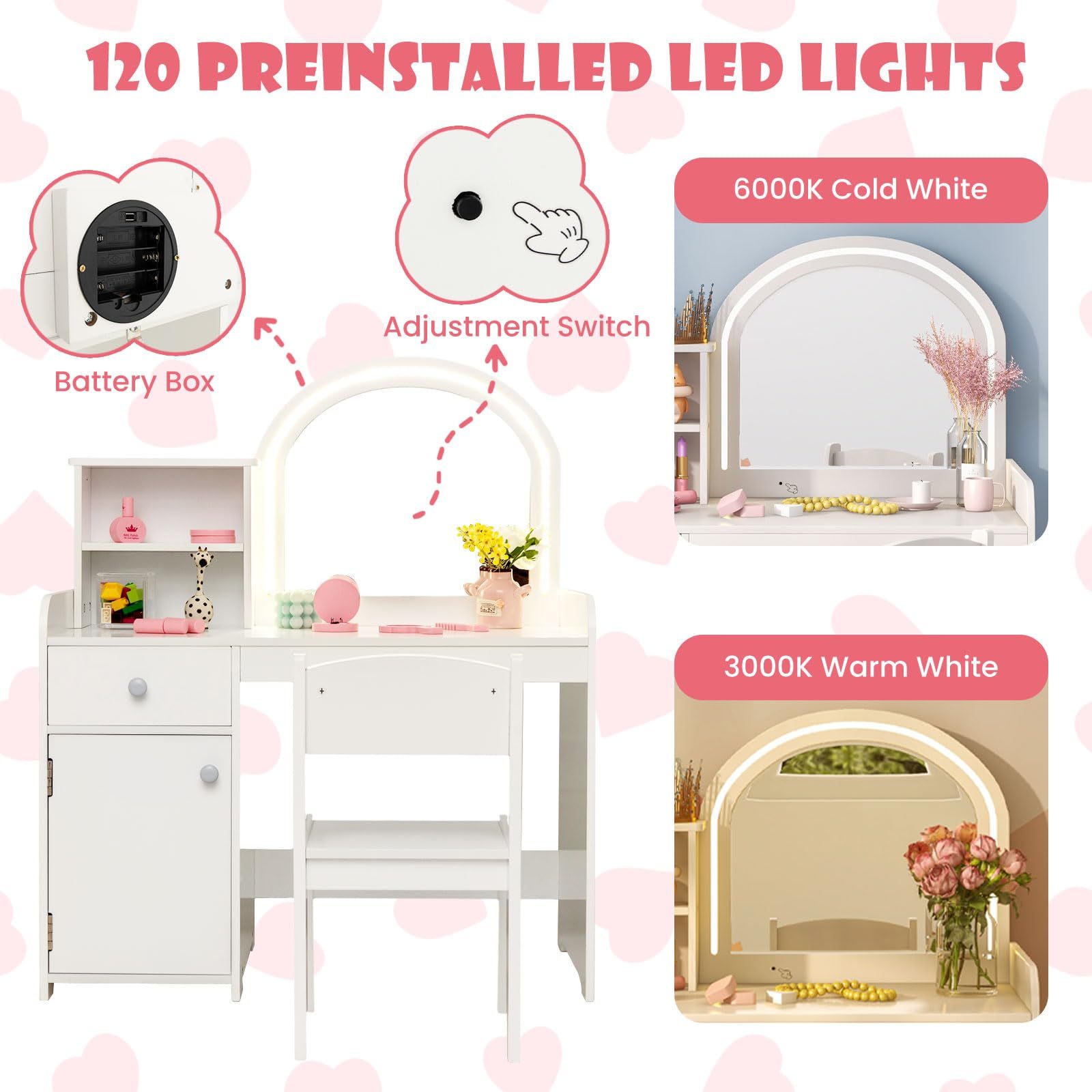 Kids Vanity, Princess Makeup Desk and Chair Set with Lights Mirror Drawer Storage Shelves