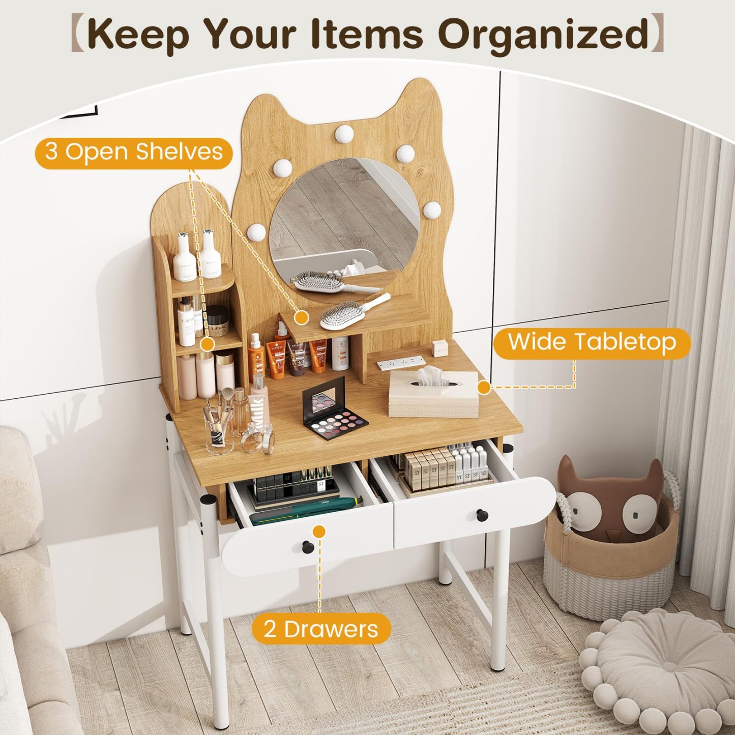 Kitty-Shaped Vanity Desk with Mirror and Lights