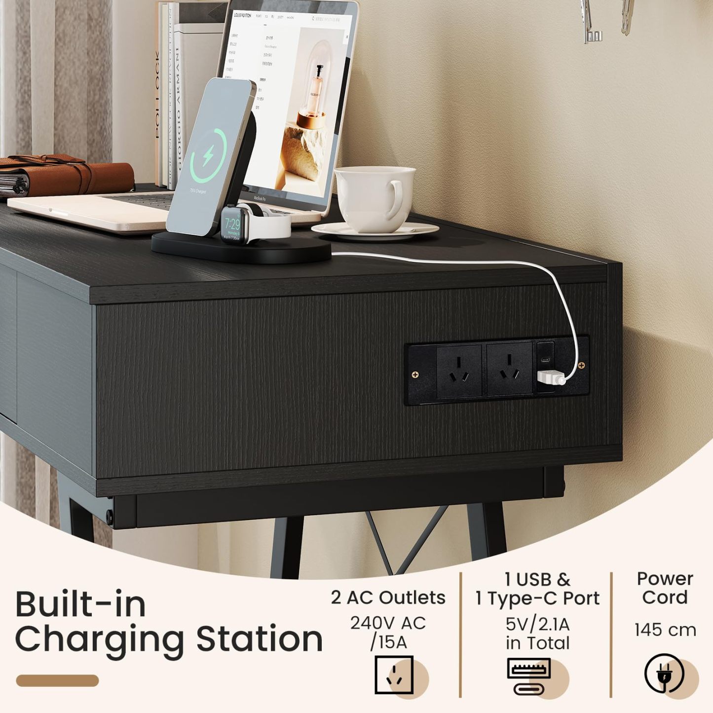 2-in-1 Vanity Desk, Flip Top Vanity Table with Mirror, Charging Station, Large/Small Tabletop