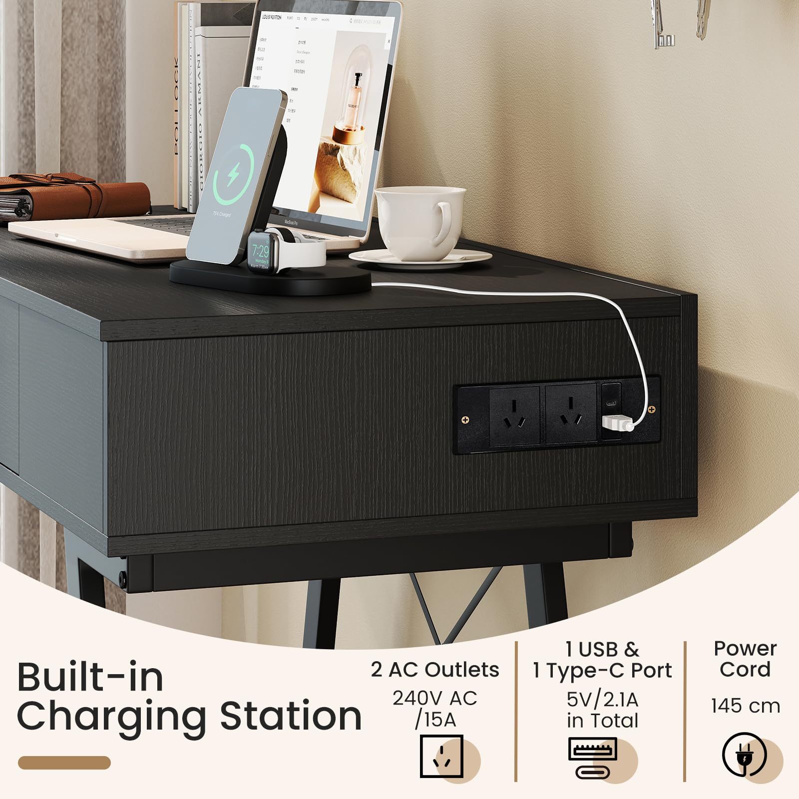 2-in-1 Vanity Desk, Flip Top Vanity Table with Mirror, Charging Station, Large/Small Tabletop