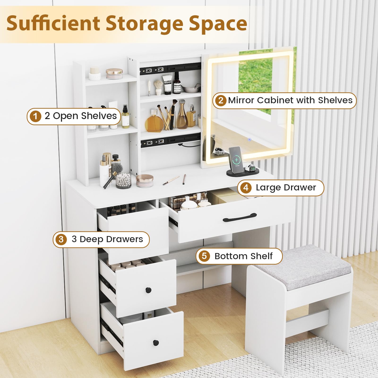 Vanity Desk with Sliding Mirror and Lights, Makeup Table and Chair Set