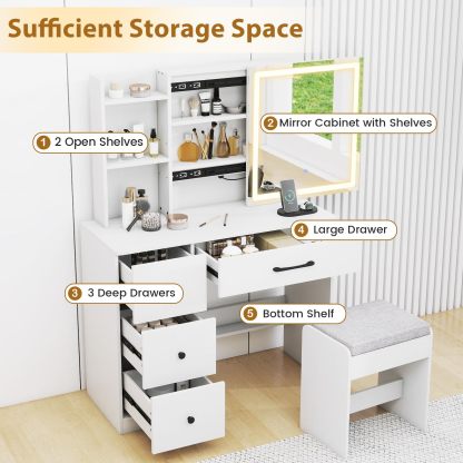 Vanity Desk with Sliding Mirror and Lights, Makeup Table and Chair Set