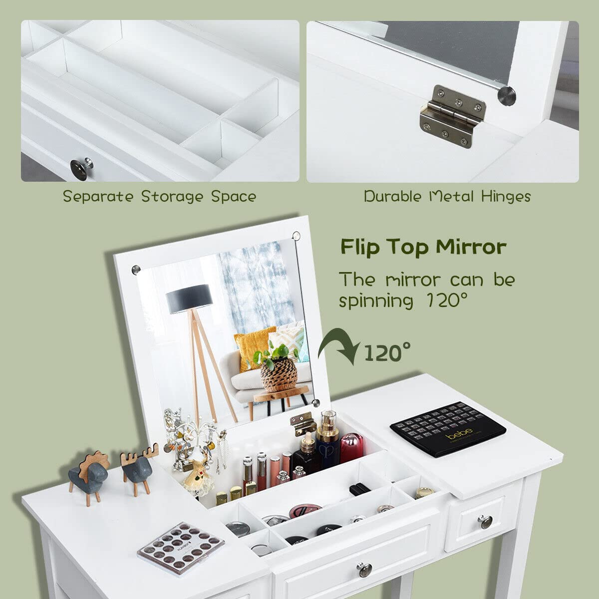 2-in-1 Vanity Table Set, Makeup Table w/Flip Top Mirror, 3 Drawers & Large Tabletop