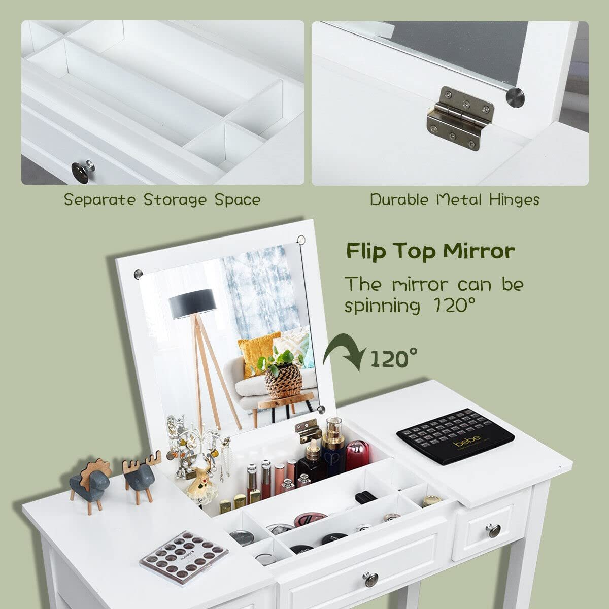 2-in-1 Vanity Table Set, Makeup Table w/Flip Top Mirror, 3 Drawers & Large Tabletop