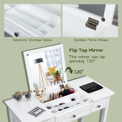 2-in-1 Vanity Table Set, Makeup Table w/Flip Top Mirror, 3 Drawers & Large Tabletop
