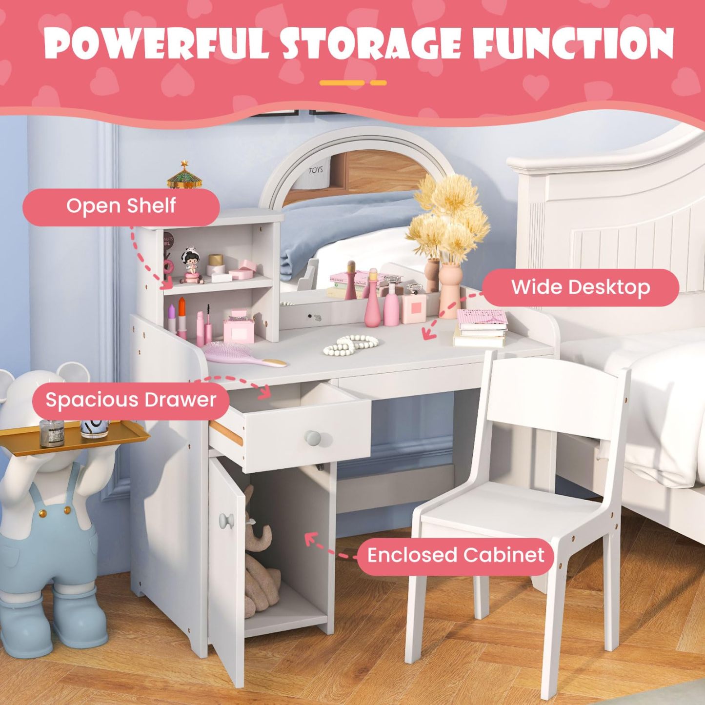Kids Vanity, Princess Makeup Desk and Chair Set with Lights Mirror Drawer Storage Shelves