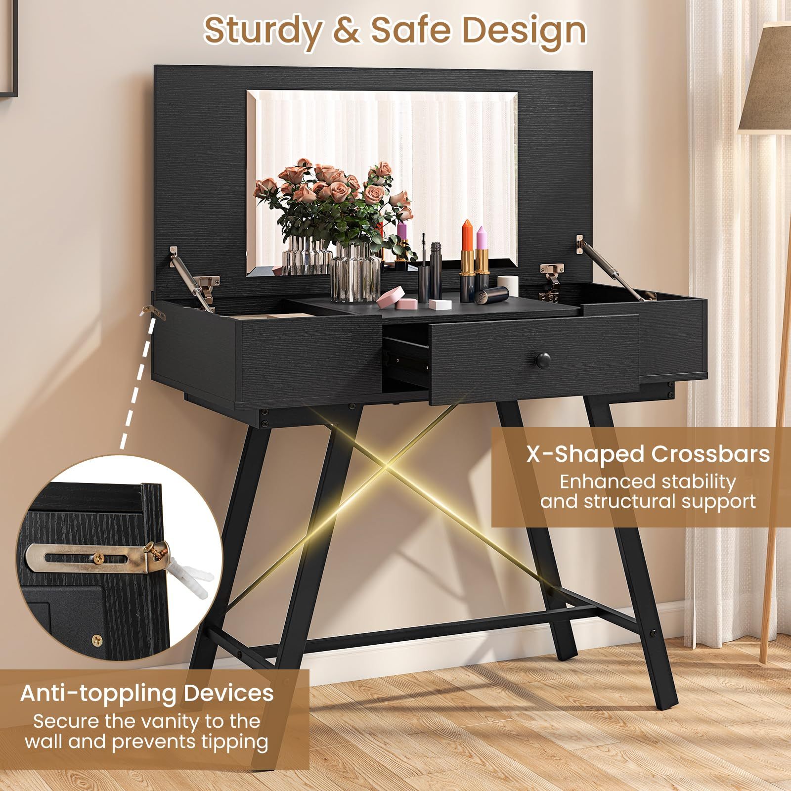 2-in-1 Vanity Desk, Flip Top Vanity Table with Mirror, Charging Station, Large/Small Tabletop