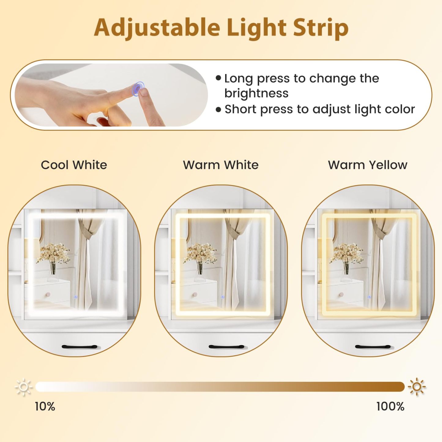 Vanity Desk with Sliding Mirror and Lights, Makeup Table and Chair Set