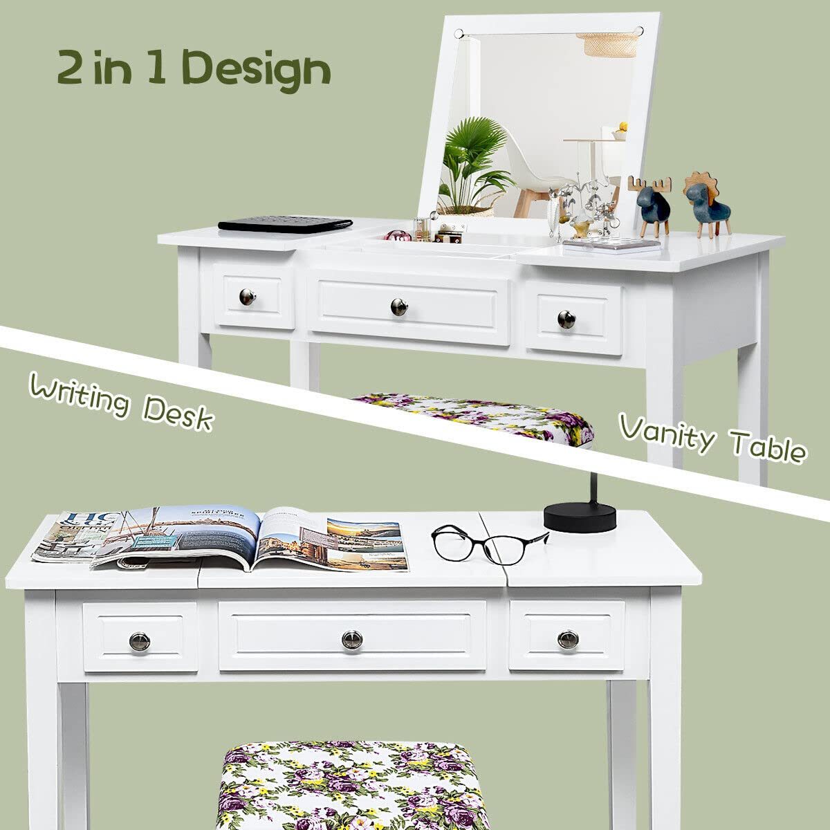 2-in-1 Vanity Table Set, Makeup Table w/Flip Top Mirror, 3 Drawers & Large Tabletop