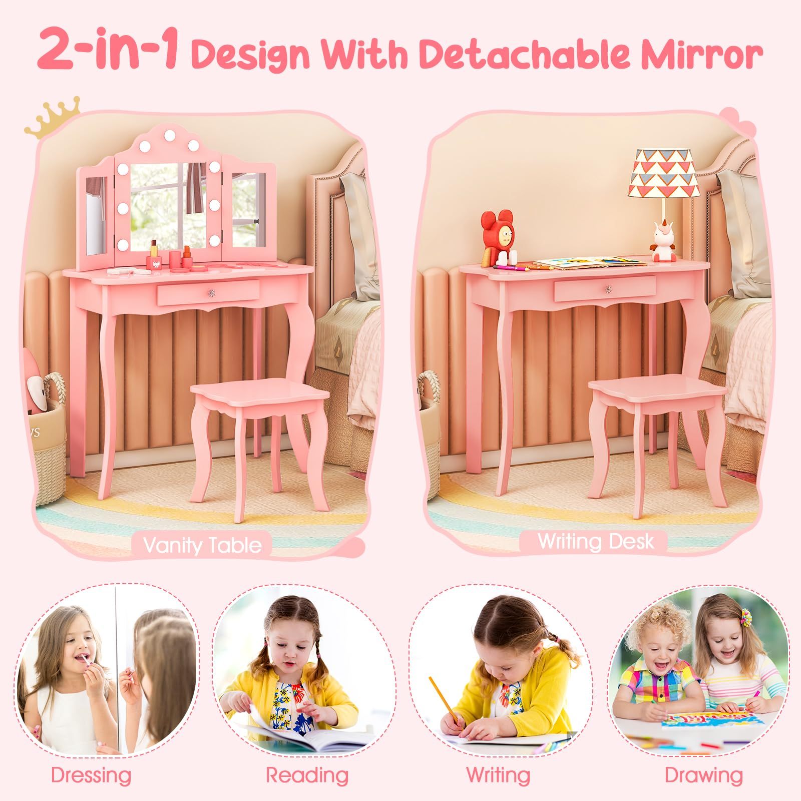 Kids 2-in-1 Vanity Table and Stool Set,Princess Makeup Vanity Set w/3-color LED Lights