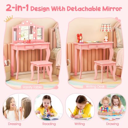 Kids 2-in-1 Vanity Table and Stool Set,Princess Makeup Vanity Set w/3-color LED Lights
