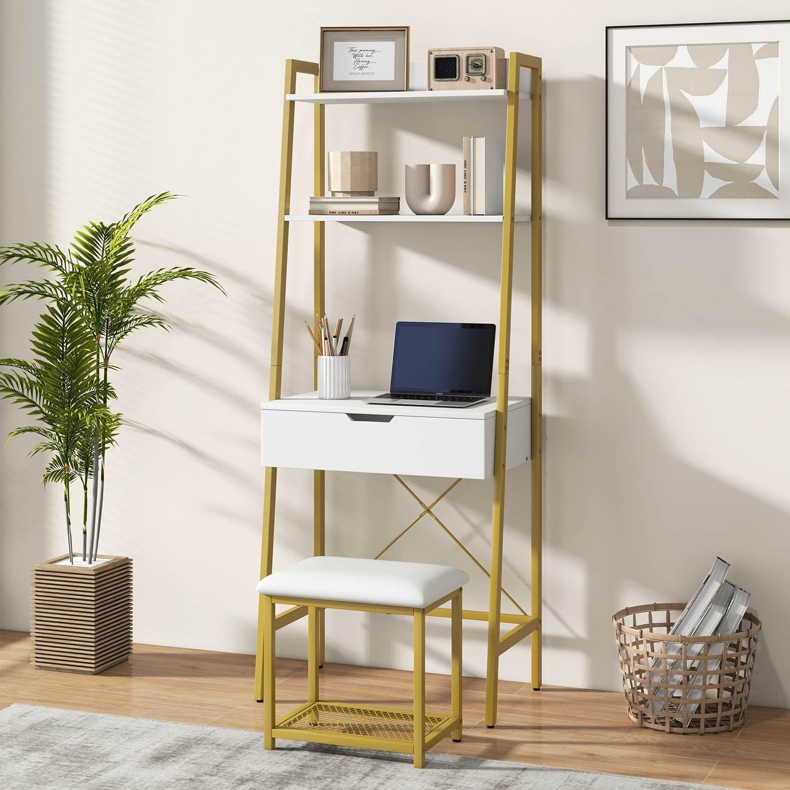 Vanity Table Set with Flip Top Mirror and Cushioned Stool