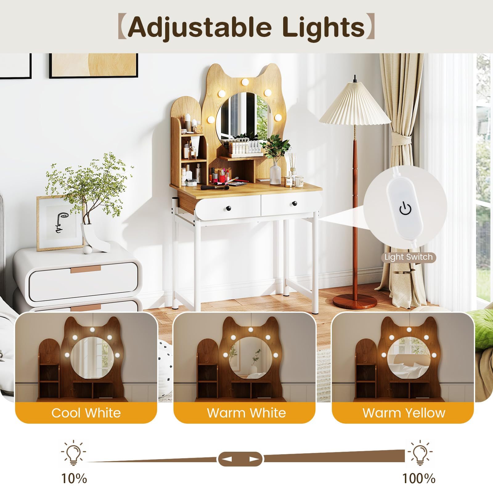 Kitty-Shaped Vanity Desk with Mirror and Lights