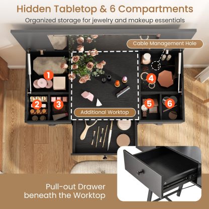 2-in-1 Vanity Desk, Flip Top Vanity Table with Mirror, Charging Station, Large/Small Tabletop