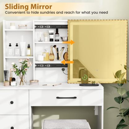 Vanity Desk with Sliding Mirror and Lights, Makeup Table and Chair Set