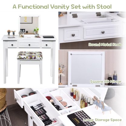2-in-1 Vanity Table Set, Makeup Table w/Flip Top Mirror, 3 Drawers & Large Tabletop