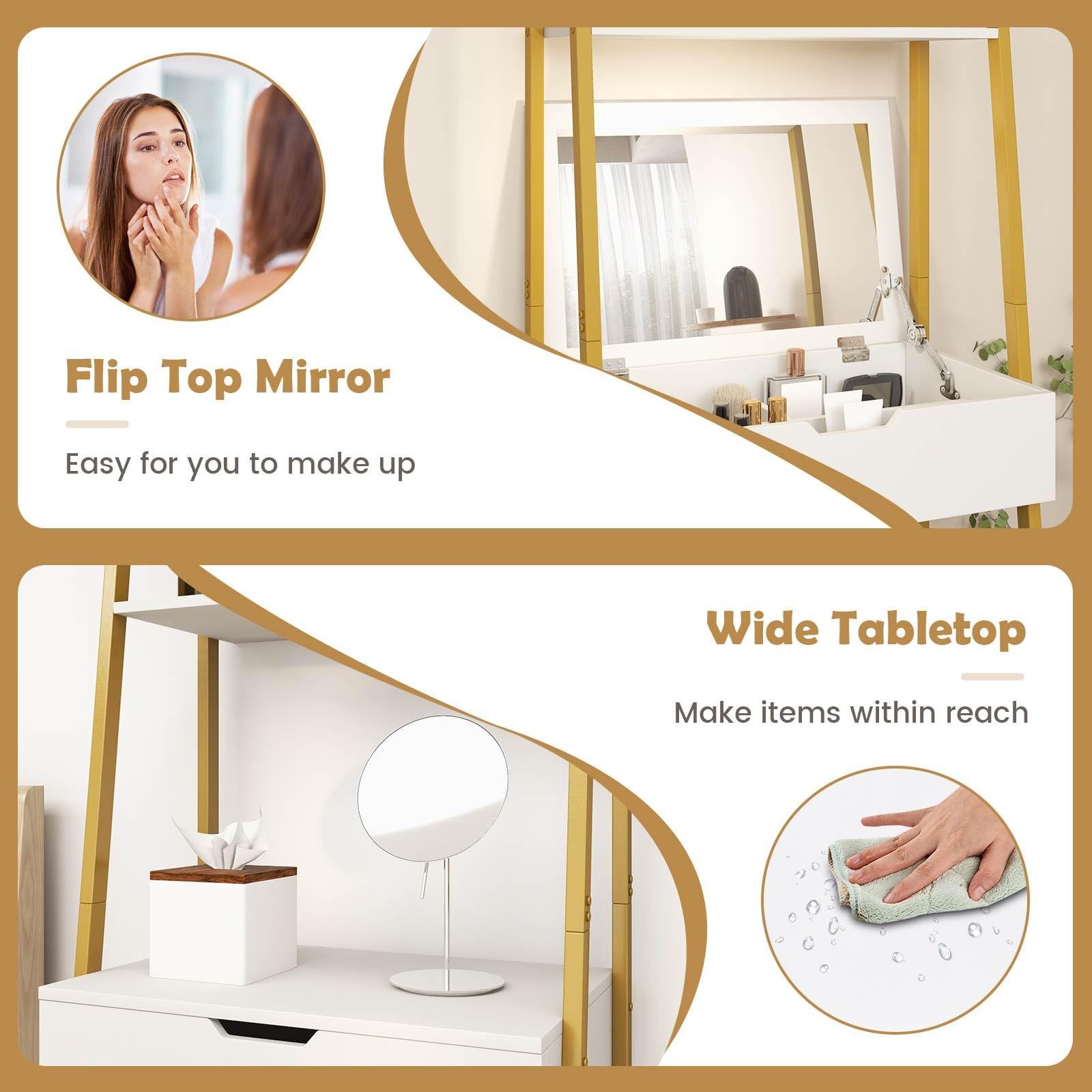 Vanity Table Set with Flip Top Mirror and Cushioned Stool