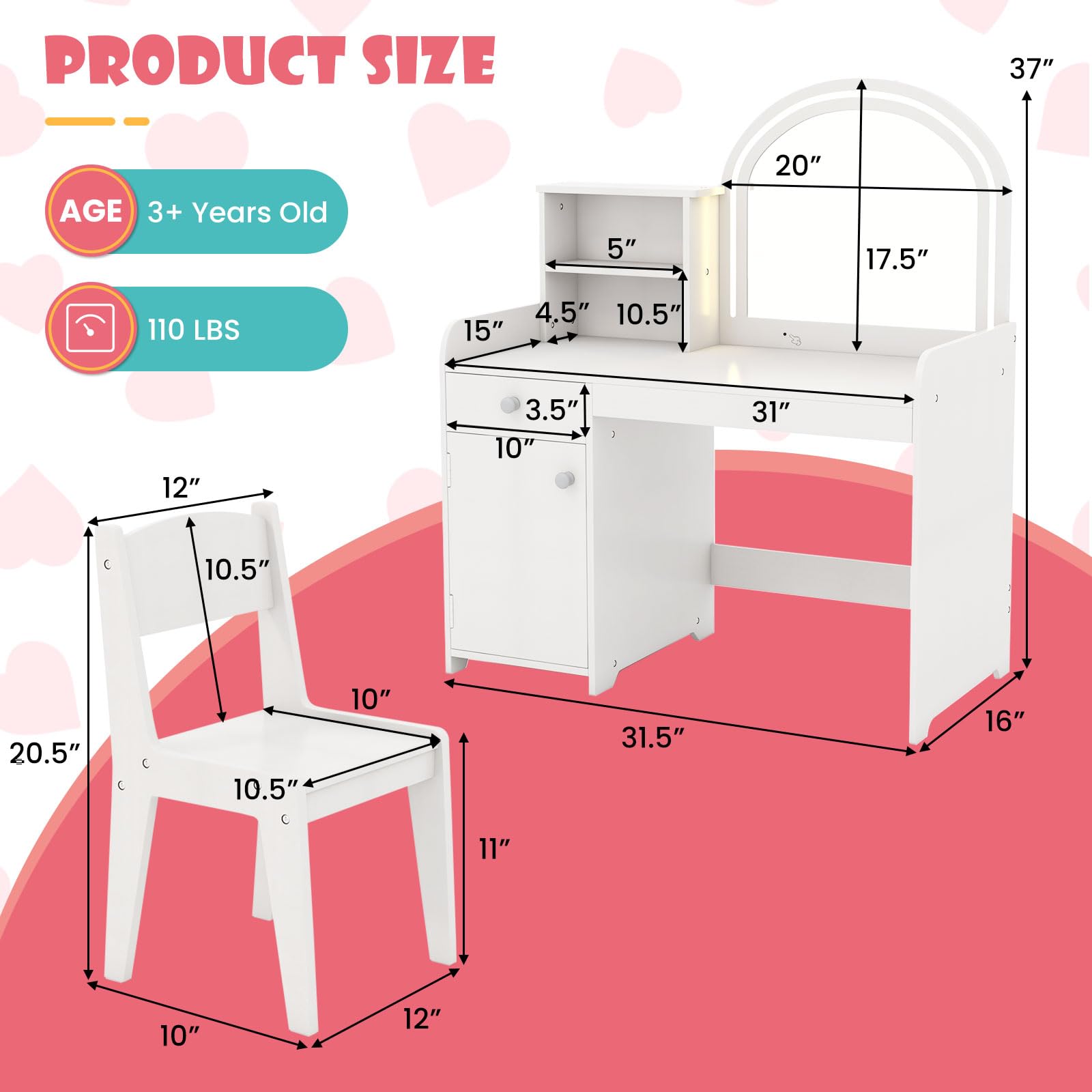 Kids Vanity, Princess Makeup Desk and Chair Set with Lights Mirror Drawer Storage Shelves