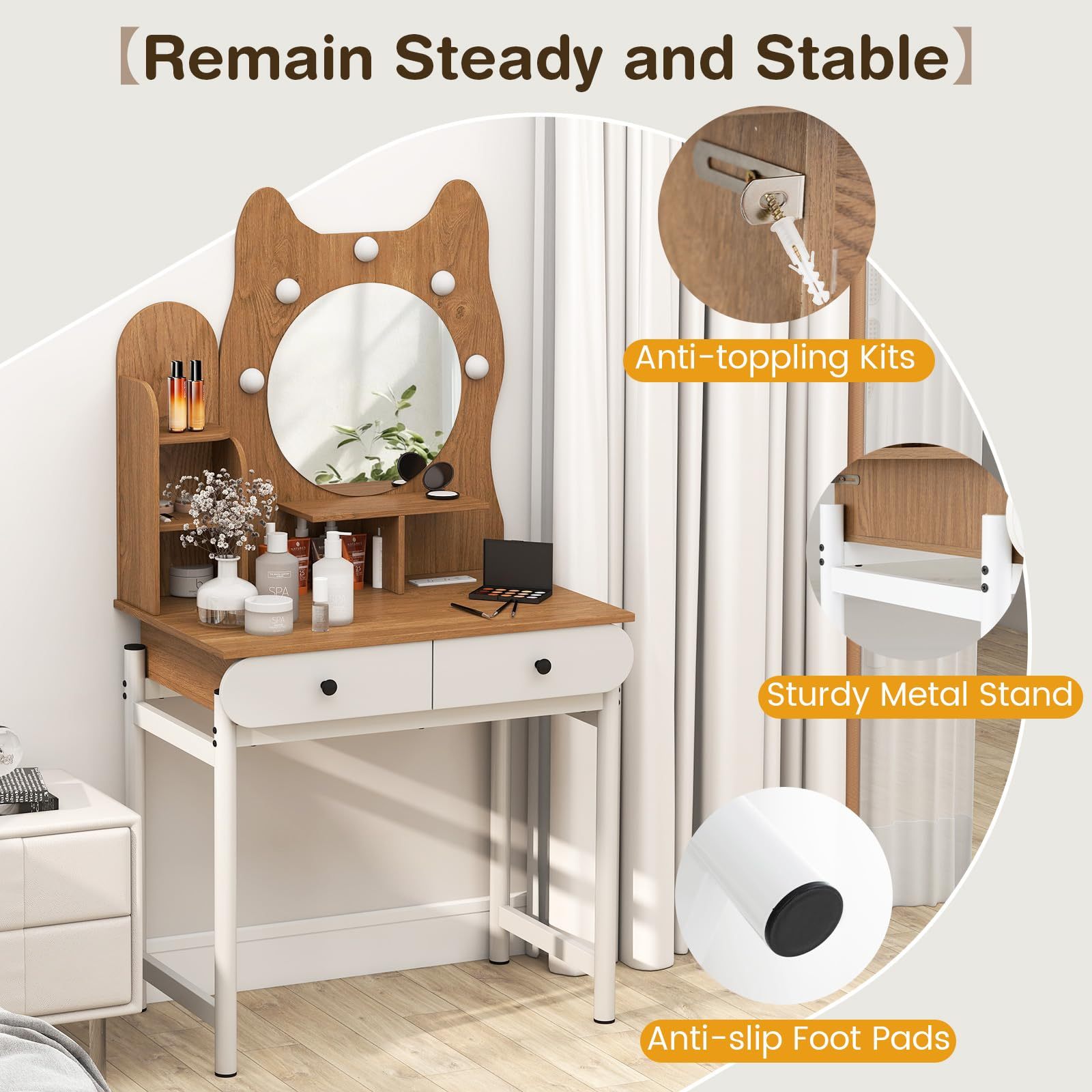 Kitty-Shaped Vanity Desk with Mirror and Lights