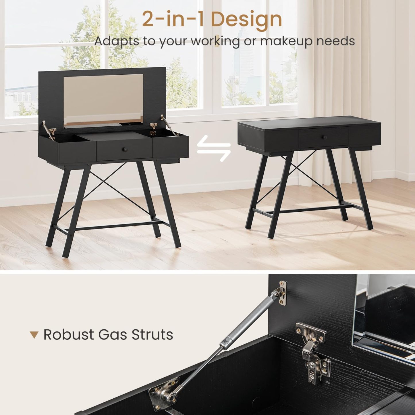 2-in-1 Vanity Desk, Flip Top Vanity Table with Mirror, Charging Station, Large/Small Tabletop