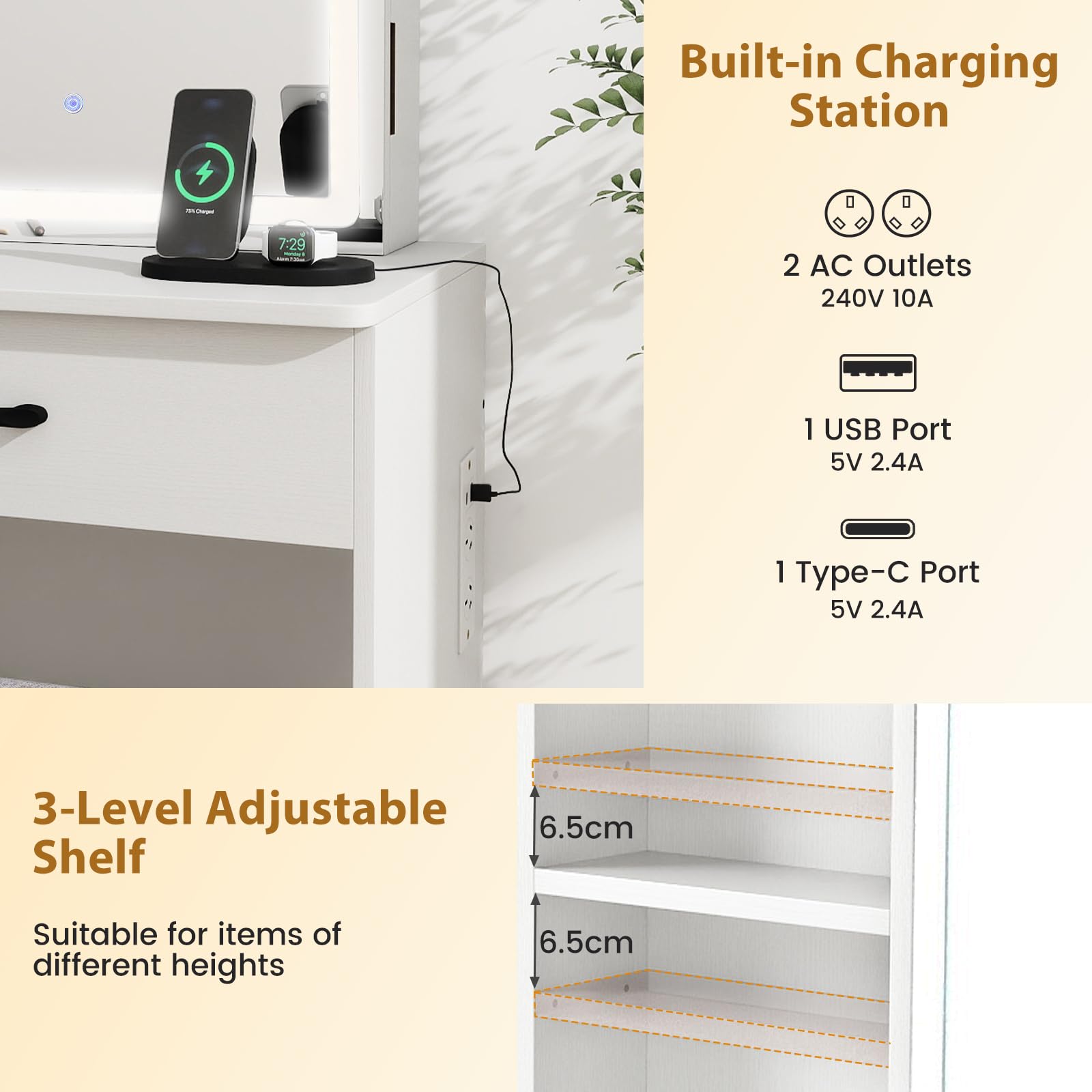 Vanity Desk with Sliding Mirror and Lights, Makeup Table and Chair Set