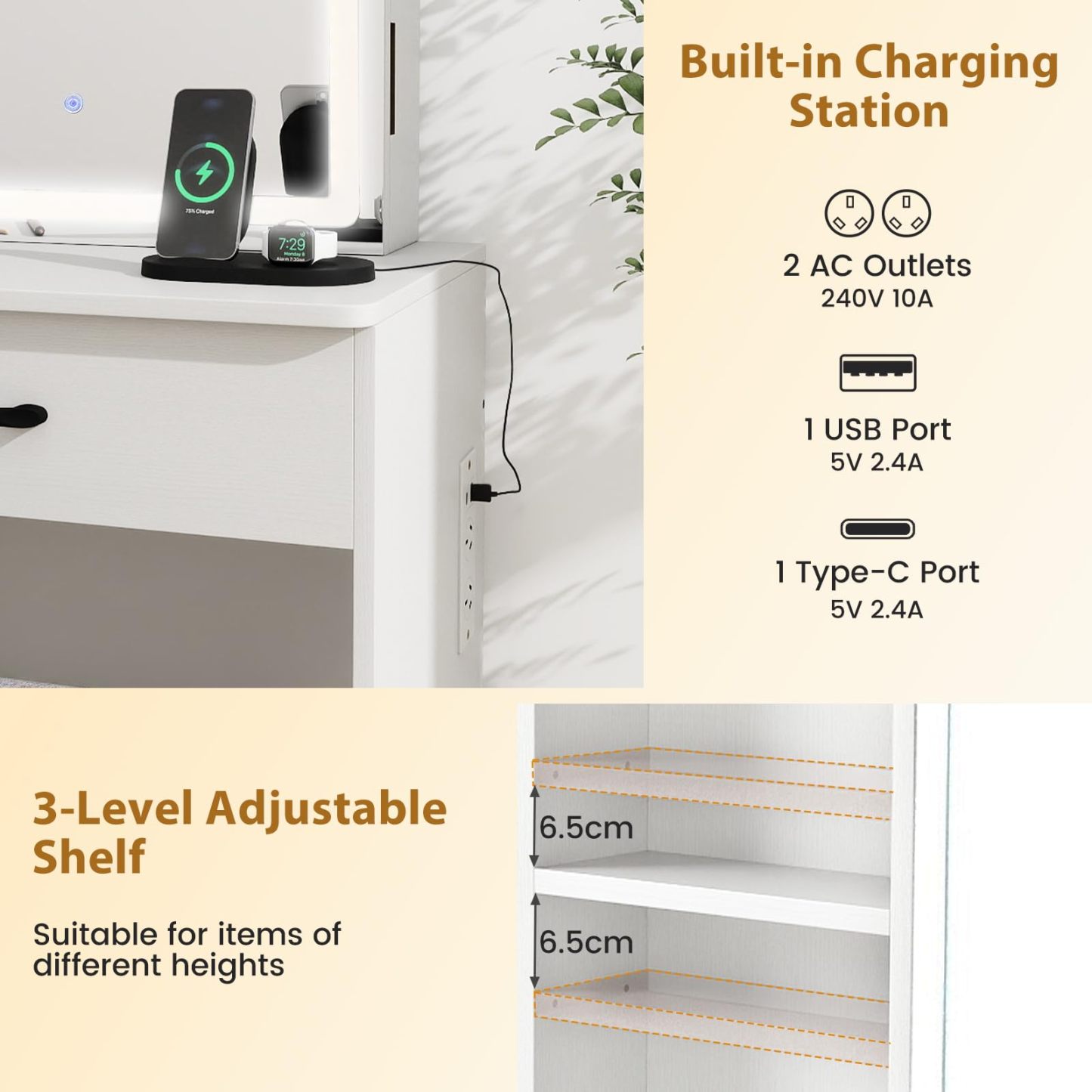 Vanity Desk with Sliding Mirror and Lights, Makeup Table and Chair Set
