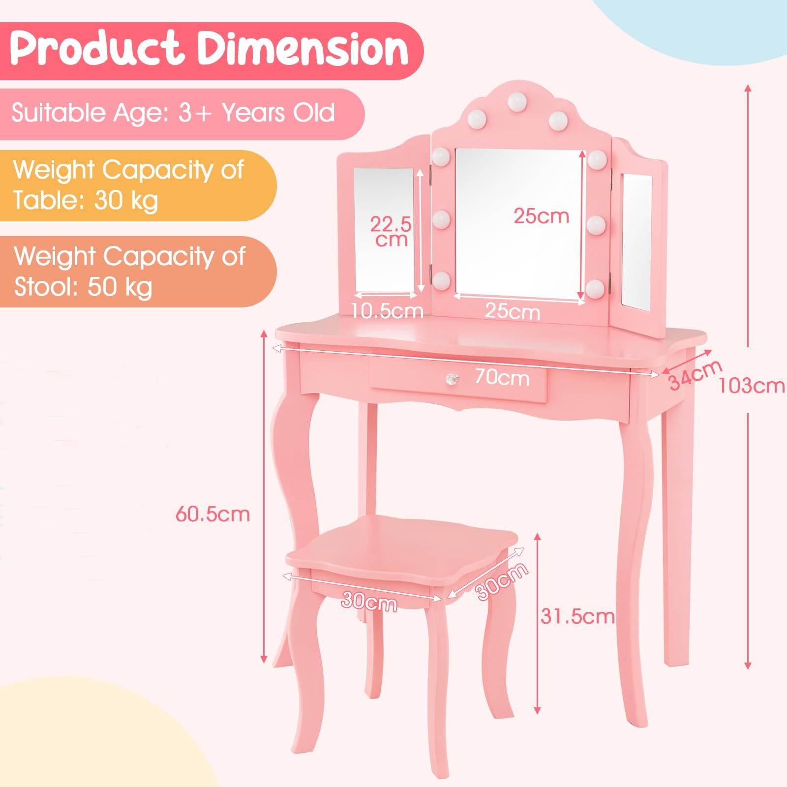 Kids 2-in-1 Vanity Table and Stool Set,Princess Makeup Vanity Set w/3-color LED Lights