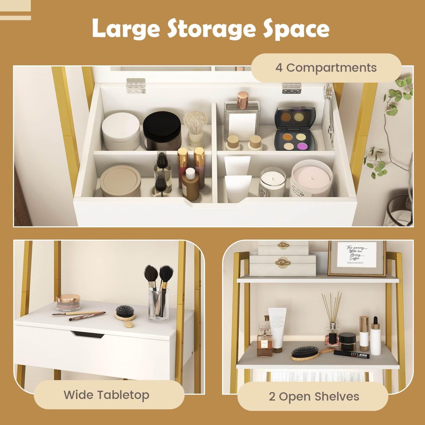 Vanity Table Set with Flip Top Mirror and Cushioned Stool