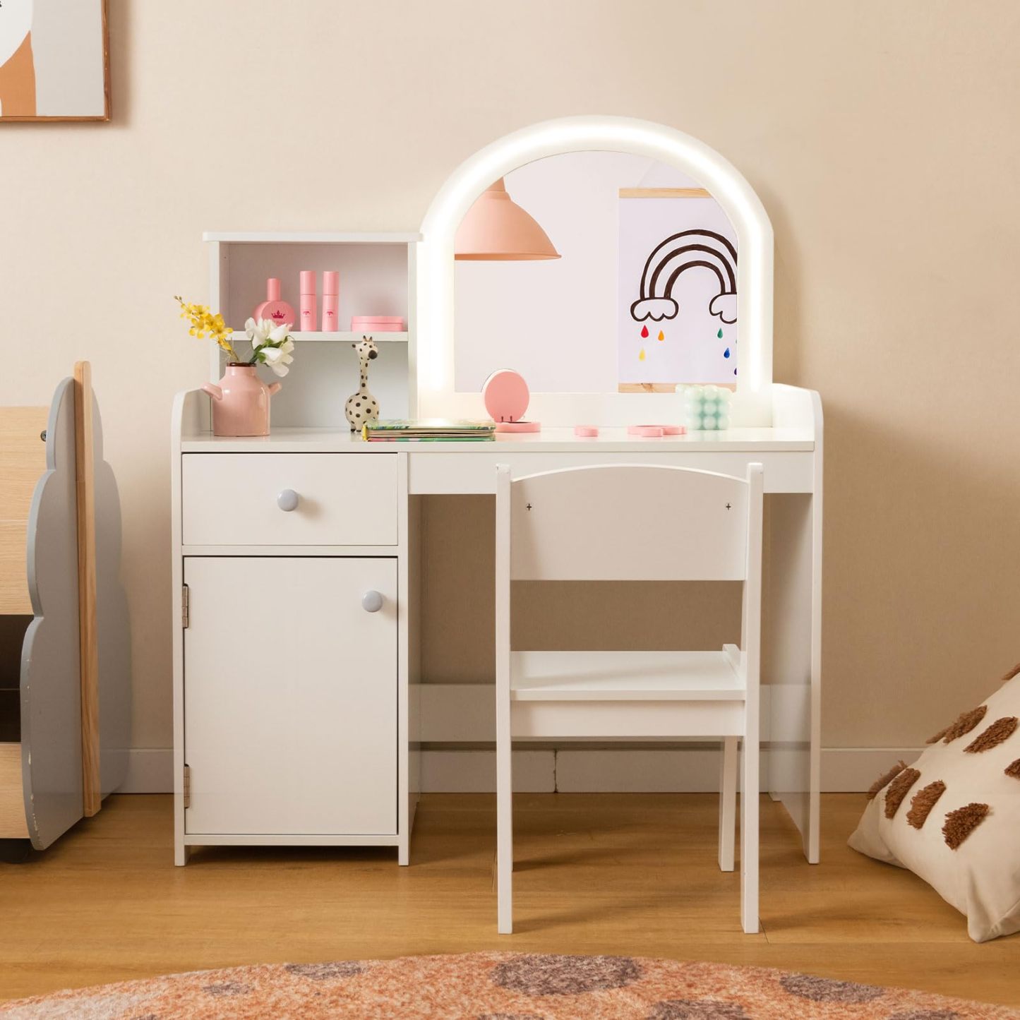 Kids Vanity, Princess Makeup Desk and Chair Set with Lights Mirror Drawer Storage Shelves