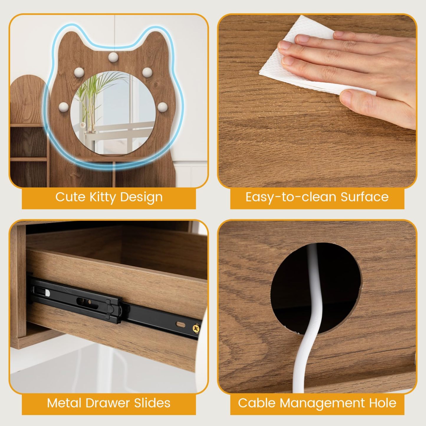 Kitty-Shaped Vanity Desk with Mirror and Lights