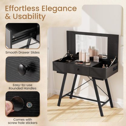 2-in-1 Vanity Desk, Flip Top Vanity Table with Mirror, Charging Station, Large/Small Tabletop