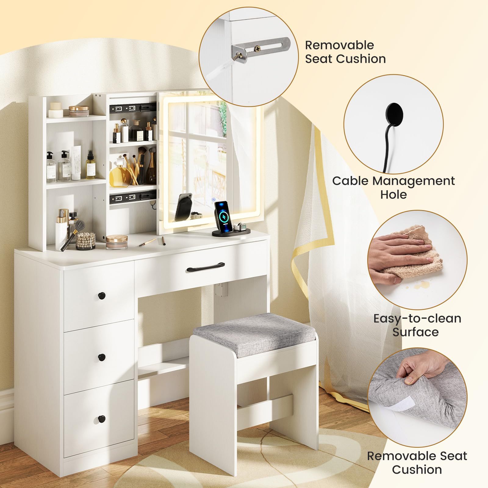 Vanity Desk with Sliding Mirror and Lights, Makeup Table and Chair Set