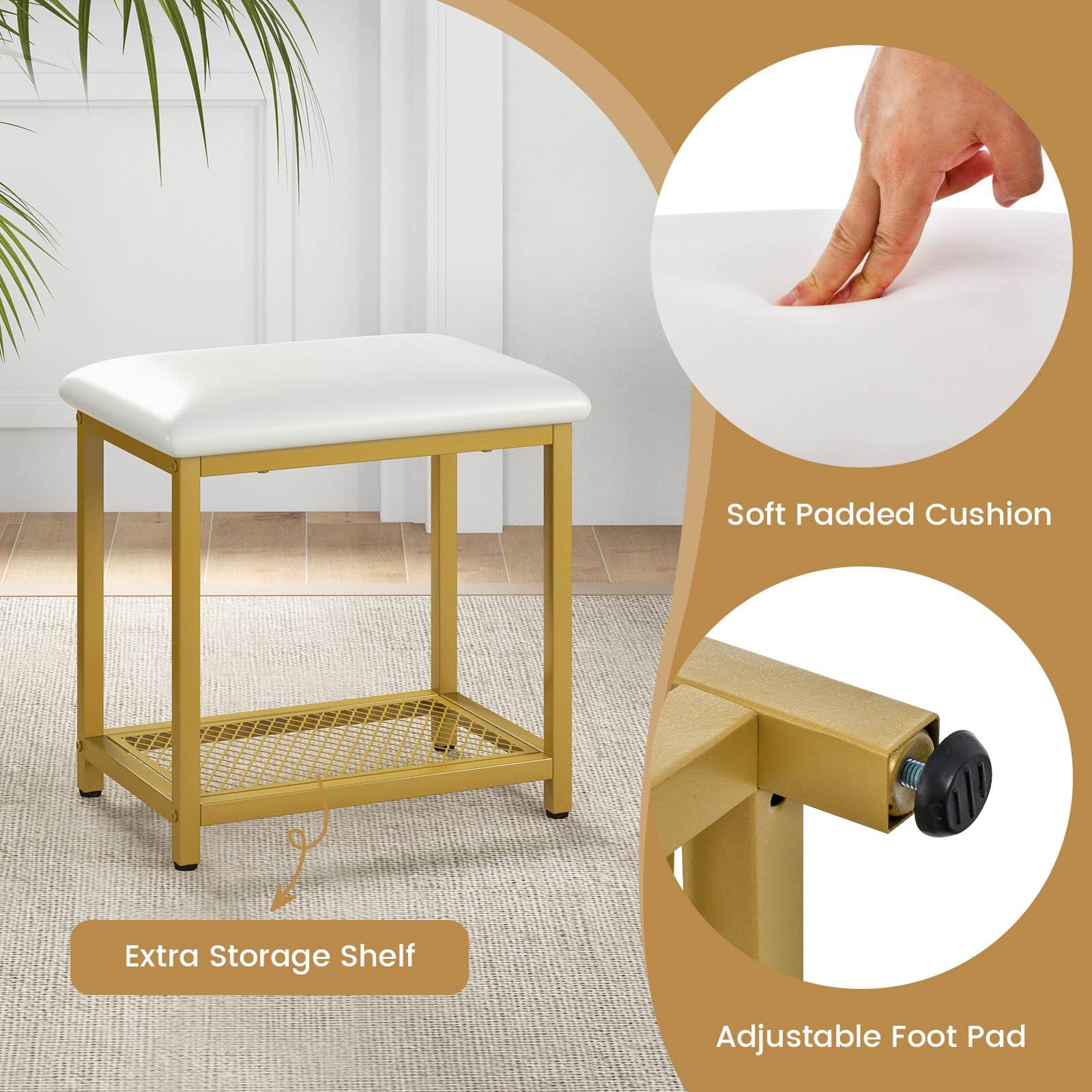 Vanity Table Set with Flip Top Mirror and Cushioned Stool