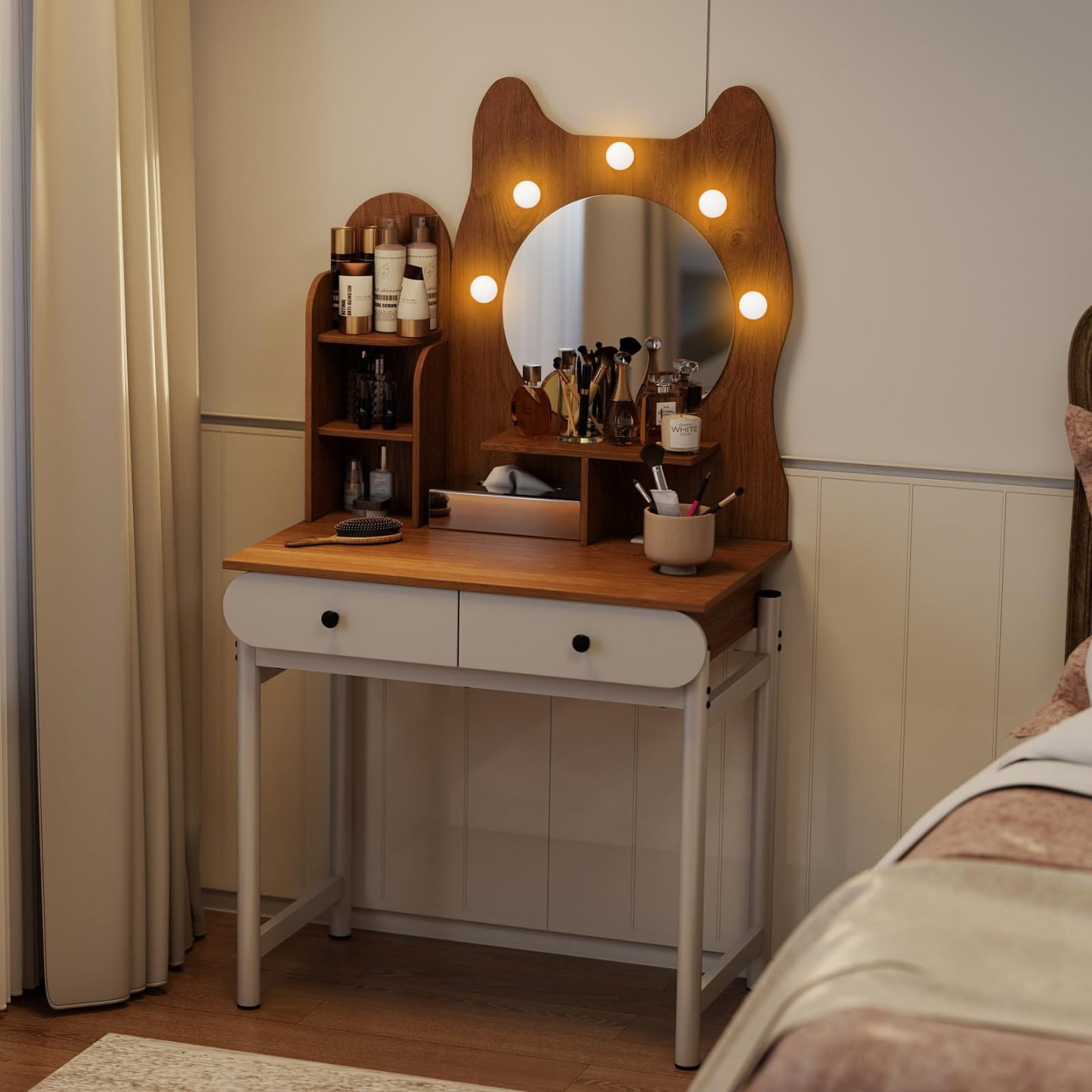 Kitty-Shaped Vanity Desk with Mirror and Lights