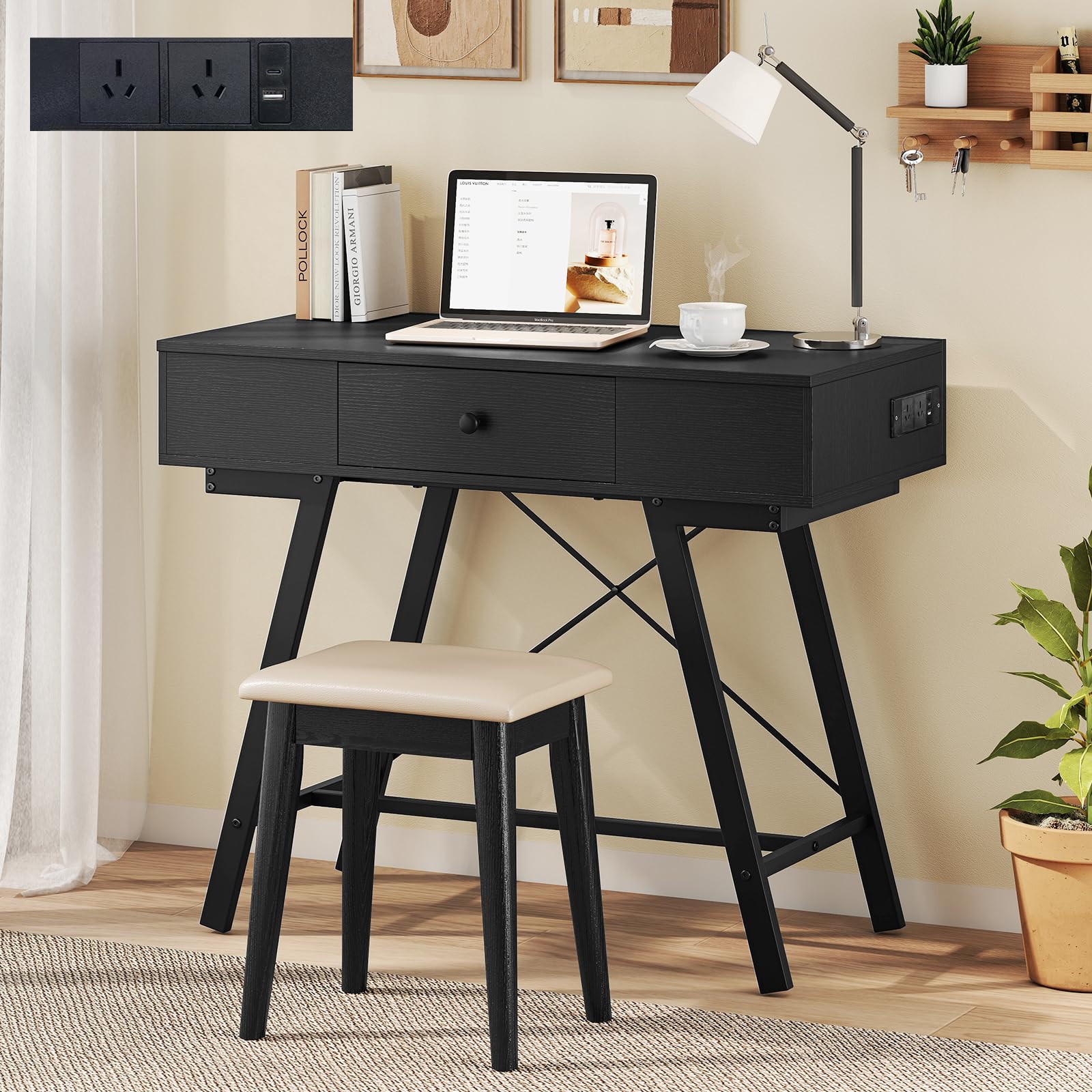 2-in-1 Vanity Desk, Flip Top Vanity Table with Mirror, Charging Station, Large/Small Tabletop
