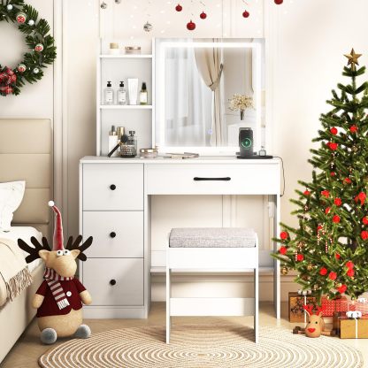 Vanity Desk with Sliding Mirror and Lights, Makeup Table and Chair Set